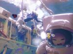  1girl astronaut bubble chinese_commentary close-up commentary_request diving from_below glowing helmet highres lens_flare light_rays looking_at_viewer open_mouth original scenery science_fiction solo spacesuit underwater zhuliye_bu_ai_chi_qiezi 