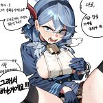  1girl absurdres ako_(blue_archive) bell black_hairband black_thighhighs blue_archive blue_eyes blue_gloves blue_halo blue_jacket breasts cowbell earrings female_masturbation gloves hairband halo highres implied_fingering jacket jewelry korean_text large_breasts long_sleeves looking_at_viewer masturbation neck_bell open_mouth ruppu shirt solo speech_bubble spread_legs stud_earrings thighhighs translation_request white_background white_shirt 