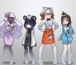  4girls apron ascot belt black_hair blue_hoodie blunt_bangs bob_cut coat dark-skinned_female dark_skin dress earclip frilled_ascot frills glove_bow gradient_pantyhose griselle_(pokemon) gwynn_(pokemon) hair_ornament hair_pulled_back hat highres hood hood_down hoodie jacinthe_(pokemon) juliet_sleeves leggings lida_(pokemon) long_sleeves low_drills mondoriaan_takeshi multicolored_hair multiple_girls o-ring o-ring_belt open_clothes open_coat orange_apron pink_hair pokemon pokemon_legends:_z-a ponytail print_apron puffy_sleeves purple_dress red_apron team_flare team_flare_uniform topknot two-tone_belt waist_apron white-framed_eyewear white_background white_coat white_leggings wispy_bangs 