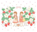  1girl ^_^ animal apron bangs barefoot basket blush braid brown_hair casual closed_eyes dress flower food fruit hair_ornament hairclip hiding holding holding_basket holding_food holding_fruit holding_watering_can leaf looking_at_another open_mouth original picnic_basket pink_apron pink_dress pink_flower pink_ribbon plaid plaid_apron plaid_dress plant puffy_short_sleeves puffy_sleeves rabbit reaching red_apron red_dress ribbon short_sleeves smile standing strawberry teeth tokoyu twin_braids twintails upper_teeth watering_can white_background white_flower 