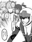  1boy 2girls absurdres blush closed_mouth commentary_request crossover daryl_lorenz greyscale gundam gundam_thunderbolt hair_ribbon helmet highres long_hair mecha_pilot_suit mizuki_yukikaze monochrome multiple_girls multiple_views normal_suit_(gundam) open_mouth ribbon science_fiction shinganji_kurenai short_hair spacesuit speech_bubble sweat taimanin_(series) taimanin_kurenai taimanin_suit taimanin_yukikaze tenper59779952 translation_request twintails zeon 