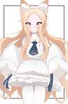  1girl absurdres animal_ear_fluff animal_ears blonde_hair blue_archive blush breasts commentary_request dress forehead fox_ears fox_girl fox_tail halo highres long_hair looking_at_viewer partial_commentary seia_(blue_archive) simple_background solo tail yellow_eyes yellow_halo yoikumori 