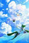  body_fur closed_eyes cloud commentary_request cup furry green_fur highres holding holding_cup meowscarada natu_a0z0ra open_mouth outdoors pikachu pokemon pokemon_(creature) pokemon_focus pokemon_rumble sky smile surfboard surfing surfing_pikachu water 