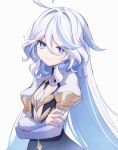  1girl blue_eyes blue_hair blue_nails closed_mouth commentary_request cowlick crossed_arms dress drop-shaped_pupils flat_chest focalors_(genshin_impact) genshin_impact gradient_clothes gradient_dress juliet_sleeves kkr_rkgk long_hair long_sleeves looking_at_viewer multicolored_hair puffy_sleeves simple_background smile solo symbol-shaped_pupils two-tone_hair upper_body white_background white_hair 