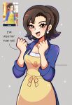  1girl apron bangs blush breasts brown_hair cleavage collared_shirt english_text grey_background highres long_sleeves looking_at_viewer mature_female medium_hair open_mouth paldea_mother pokemon pokemon_(game) pokemon_sv shirt short_hair simple_background smile solo touyarokii 