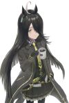  1girl absurdres ahoge animal_ears black_choker black_coat black_gloves black_hair black_pantyhose black_shirt black_skirt choker coat coffee coffee_mug collared_shirt commentary cup ear_tag earrings gloves hair_between_eyes highres holding holding_cup horse_ears horse_girl horse_tail jewelry long_bangs long_hair long_hair_between_eyes long_sleeves manhattan_cafe_(creeping_shadow)_(umamusume) manhattan_cafe_(umamusume) mug multicolored_hair nao_toyooooo necktie pantyhose parted_lips shirt single_earring skirt smile solo tail umamusume white_hair yellow_eyes yellow_necktie 