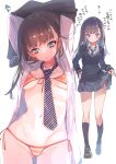  1girl arms_up bikini black_hair black_shoes black_socks blue_eyes braid breasts brown_hair clothes_lift commentary_request diagonal-striped_clothes diagonal-striped_necktie dress dress_lift full_body highres kamizuki_shiki kneehighs loafers long_hair long_sleeves medium_breasts mole mole_under_eye navel necktie open_clothes open_shirt original penny_loafers pleated_skirt school_uniform shirt shoes side-tie_bikini_bottom side_braid simple_background skirt socks striped_bikini striped_clothes striped_necktie sweater swimsuit translation_request undressing white_background white_shirt 