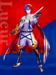  1boy alear_(fire_emblem) alear_(fire_emblem)_(male) armor bangs blue_eyes blue_hair boots cape character_name crossed_bangs fire_emblem gloves heterochromia highres holding holding_sword holding_weapon multicolored_hair official_art pointy_footwear red_eyes red_hair smile sword two-tone_hair weapon 