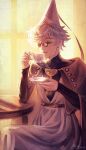  1boy absurdres black_bodysuit bodysuit closed_eyes closed_mouth conical_hat cup hat highres holding holding_cup porukana qifrey_(tongari_boushi_no_atelier) round_eyewear short_hair solo teacup tongari_boushi_no_atelier white_hair 