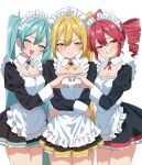  3girls :i :t akita_neru apron aqua_eyes aqua_hair aqua_ribbon blonde_hair breasts cleavage commentary curtained_hair detached_collar drill_hair grin hair_between_eyes hatsune_miku heart heart_hands heart_hands_duo highres juliet_sleeves kasane_teto long_hair long_sleeves looking_at_viewer maid maid_apron maid_headdress multiple_girls neck_ribbon pan_(ryu) pout puffy_cheeks puffy_sleeves red_eyes red_hair red_ribbon ribbon side_ponytail simple_background smile teeth triple_baka_(group) twin_drills twintails utau very_long_hair vocaloid white_background yellow_eyes 
