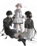  1boy 2girls absurdres adoptive_parent_and_adoptive_child aemeath_(wuthering_waves) aemeath_(young)_(wuthering_waves) black_gloves black_hair black_jacket black_pants black_shoes black_socks boots closed_eyes closed_mouth dress dual_persona father_and_child father_and_daughter female_rover_(perpetual_spark)_(wuthering_waves) female_rover_(wuthering_waves) fingerless_gloves fur-trimmed_boots fur_trim gloves highres jacket long_sleeves low_ponytail male_rover_(perpetual_spark)_(wuthering_waves) male_rover_(wuthering_waves) mother_and_child mother_and_daughter multiple_girls pants parent_and_child pink_hair ponytail rover_(wuthering_waves) scratching_cheek shoes simple_background sitting smile socks tying_bow um? white_background white_boots white_dress wuthering_waves yellow_eyes 