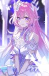  1girl absurdres bare_shoulders breasts closed_mouth commentary cyrene_(demiurge)_(honkai:_star_rail) cyrene_(honkai:_star_rail) dress flower gradient_hair h2o_omizu hair_flower hair_ornament highres honkai:_star_rail honkai_(series) long_hair looking_at_viewer medium_breasts multicolored_hair pink_hair pointy_ears purple_eyes sidelocks sitting smile solo white_dress white_flower 