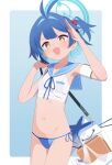  1girl absurdres antenna_hair armpits b1nu2527 bag bikini blue_archive blue_bikini blue_hair blue_halo blue_ribbon blue_sailor_collar colored_inner_hair commentary cowboy_shot fang flat_chest halo highres looking_up makina_(blue_archive) multicolored_hair navel neck_ribbon no_dickey open_mouth ribbon sailor_collar salute see-through_clothes see-through_shirt shirt short_hair skin_fang swimsuit tanline_peek two_side_up yellow_eyes 
