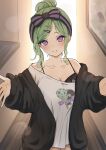 1girl bare_shoulders black_bow black_bra black_hairband black_jacket boco_(decoboco_b0c0) bow bra breasts character_name cleavage commentary cowboy_shot green_hair hair_bun hair_ornament hairband hairclip hallway highres hug_invitation indoors jacket kukumo_(yakumo_beni) large_breasts long_sleeves looking_at_viewer mole mole_on_breast multiple_hairclips no_pants off-shoulder_shirt off_shoulder open_clothes open_jacket parted_bangs parted_lips print_shirt purple_bow purple_eyes purple_hairband shirt single_hair_bun smile solo striped_bow striped_clothes striped_hairband t-shirt underwear virtual_youtuber vspo! white_shirt yakumo_beni yakumo_beni_(5th_costume) 