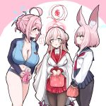  3girls ahoge alternate_breast_size_(larger) animal_ear_fluff animal_ears bag bikini black_gloves black_pantyhose blue_archive blue_bikini blue_eyes blue_halo blue_sailor_collar blue_skirt blush bottle braid braided_base breasts brown_pantyhose bun_with_braided_base cape cleavage color_connection commentary_request cropped_rash_guard double-parted_bangs fingerless_gloves fox_ears fox_girl furoshiki gloves hair_bun hair_color_connection hair_intakes hair_ornament hakama hakama_short_skirt hakama_skirt halo highres holding holding_bag holding_bottle japanese_clothes kokoro_(blue_archive) large_breasts long_hair long_sleeves mimori_(blue_archive) multiple_girls nail_polish navel neckerchief niko_(blue_archive) nontraditional_miko notice_lines open_mouth pantyhose partially_unzipped pink_hair pink_nails pleated_skirt profile rash_guard red_neckerchief red_sailor_collar red_skirt sailor_collar school_uniform serafuku shiming_liangjing shirt short_hair sideways_mouth simple_background single_side_bun skirt small_breasts speech_bubble sweat swimsuit tassel tassel_hair_ornament trait_connection translation_request white_background white_cape white_serafuku white_shirt 
