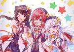  3girls :d absurdres ange_katrina animal_ears animal_on_shoulder beret bird bird_on_shoulder blue_eyes blue_hair blue_ribbon blue_skirt blush braid breasts brown_hair colored_inner_hair commentary_request confetti contrast_lapels crossed_bangs crown_hat_ornament dog_ears dog_hair_ornament fangs finger_counting floating_hair flower frilled_skirt frills gloves hair_between_eyes hair_flower hair_intakes hair_ornament hairclip half_gloves hand_up hat highres idol_clothes index_finger_raised inui_toko jacket lapels light_particles lize_helesta long_hair looking_at_viewer low_twin_braids medium_hair miniskirt monocle multicolored_hair multiple_girls namira7758 neck_ribbon nijisanji one_eye_closed open_mouth plain_epaulettes pleated_skirt puffy_short_sleeves puffy_sleeves purple_eyes purple_gloves purple_hat red_eyes red_hair red_ribbon ribbon sanbaka_(nijisanji) sanbaka_anniversary_outfit sebastian_piyodore short_sleeves single_hair_intake skirt small_breasts smile star_(symbol) streaked_hair tassel triangle_hair_ornament twin_braids two-tone_hair v virtual_youtuber w white_background white_hair white_jacket yellow_bird 