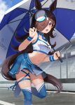  1girl absurdres animal_ears bare_shoulders blue_boots blue_choker blue_skirt blush boots breasts brown_hair choker commentary_request crop_top dixie_cup_hat flipped_hair hair_over_one_eye hat highres holding holding_umbrella horse_ears horse_girl horse_tail long_hair looking_at_viewer midriff military_hat navel official_alternate_costume open_mouth outdoors pacific_racing_team purple_eyes rice_shower_(umamusume) skirt small_breasts solo sports_bra tail thigh_boots tilted_headwear umamusume umbrella wanderlucia white_sports_bra 