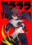  1girl baseball_bat baseball_cap black_hair black_pants closed_mouth colored_inner_hair commentary cowboy_shot crop_top drill_hair egh_(ssquan) eyelashes fingerless_gloves frown gloves hair_between_eyes hat highres holding holding_baseball_bat jacket jersey kasane_teto long_sleeves looking_to_the_side medium_hair midriff multicolored_hair navel open_clothes open_jacket pants red_background red_eyes red_gloves red_hat red_shirt shirt sidelocks solo song_name swinging_baseball_bat twin_drills untranslatable_commentary utau yararara_(synthesizer_v) 