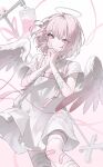  1other absurdres akiyama_mizuki alternate_hair_length_(shorter) bandaged_arm bandaged_leg bandages bandaid bandaid_on_leg blush commentary_request dress feathered_wings gauze gauze_on_cheek halo highres kizu_darake_no_te_de_watashi-tachi_wa_(project_sekai) long_sleeves official_alternate_hairstyle other_focus patch pink_eyes pink_hair praying project_sekai roa_waengwal short_hair solo white_dress white_halo wings 