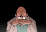 1boy absurdres bald black_background bolt covering_mouth futurama gendou_pose glasses highres hubert_j_farnsworth labcoat meme neon_genesis_evangelion old old_man own_hands_clasped own_hands_together rosy_(rosygloomart) scientist solo 