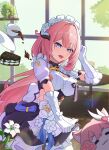  1girl absurdres animalization apron black_dress blue_eyes breasts cake cake_slice cat coffee_mug commentary cup dress elbow_gloves elysia_(honkai_impact) elysia_(miss_pink)_(honkai_impact) elysia_(miss_pink_elf)_(honkai_impact) fake_horns food gloves highres honkai_(series) honkai_impact_3rd horns indoors large_breasts long_hair looking_at_viewer maid maid_apron maid_headdress mug official_alternate_costume person_and_animalization pink_cat pink_hair solo very_long_hair white_apron white_gloves xhlllii 