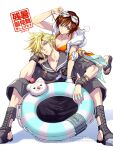  1boy 1girl 2026 adjusting_eyewear artist_name bikini black_boots black_sailor_collar black_sandals black_shirt blonde_hair blue_eyes bluesky_username boots breasts brown_eyes brown_gloves brown_hair cleavage cloud_strife cloud_strife_(maritime_sailor) dated elbow_pads final_fantasy final_fantasy_vii final_fantasy_vii:_ever_crisis fingerless_gloves gloves goggles goggles_on_head hair_between_eyes head_on_hand highres holding holding_swim_ring hood hood_down hooded_vest hoodie jewelry leaning_on_person materia medium_breasts moogle nail_polish necklace official_alternate_costume one_eye_closed orange_bikini orange_nails parted_lips sailor_collar sandals sash shirt short_hair single_elbow_pad single_fingerless_glove single_glove sitting spiked_hair swim_goggles swim_ring swimsuit tak_(karasuki) twitter_username vest waist_sash white_background white_vest yuffie_kisaragi yuffie_kisaragi_(summer_orange) 
