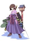  1girl armor boots brown_boots brown_hair bushidou_(sekaiju) bushidou_4_(sekaiju) commentary_request flower green_eyes hair_between_eyes hair_flower hair_ornament hakama highres hoku holding holding_sword holding_weapon japanese_armor japanese_clothes katana kimono kote legs_apart looking_at_viewer obi pink_kimono purple_hakama purple_sash sash scabbard sekaiju_no_meikyuu sekaiju_no_meikyuu_2 sheath short_hair solo standing sword water weapon white_background 