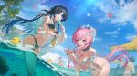  2boys 2girls absurdres aemeath_(wuthering_waves) ahoge alternate_costume animal ball balloon bare_shoulders beachball bikini bingsa_(707) black_bikini black_hair blue_eyes blue_hair blue_sky brant_(wuthering_waves) breasts cleavage colored_inner_hair commentary_request day feather_hair fish food food_in_mouth hair_intakes hair_ornament highres holding holding_animal holding_fish lingyang_(wuthering_waves) long_hair medium_breasts multicolored_hair multiple_boys multiple_girls navel open_mouth orange_eyes outdoors pink_hair ponytail popsicle popsicle_in_mouth rubber_duck sky star-shaped_pupils star_(symbol) stomach swimsuit symbol-shaped_pupils white_bikini wuthering_waves yangyang_(wuthering_waves) yangyang_(xuanling)_(wuthering_waves) 