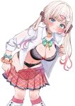 1girl absurdres aqua_eyes black_bra black_panties blush bow bowtie bra breasts closed_mouth colored_tips commentary_request futoshi_95 green_bow green_bowtie hair_ornament hairclip heart highres indie_virtual_youtuber long_hair multicolored_hair open_clothes open_shirt panties pink_hair pink_skirt plaid_clothes plaid_skirt rabbit_hair_ornament second-party_source shirt skirt solo sweat toiro_yua underwear undressing white_background white_shirt 