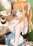  1girl 1other :t bare_arms bare_shoulders blue_shorts blush bow breasts cake cake_slice cleavage closed_mouth commentary_request cupcake denim denim_shorts fingernails food from_above from_behind gakuen_idolmaster green_eyes hair_bow highres idolmaster indoors izuminnu large_breasts long_hair looking_at_viewer looking_back nail_polish orange_hair out_of_frame pink_lips ponytail pout puff_of_air restaurant shirt shiun_sumika short_shorts shorts sleeveless sleeveless_shirt solo_focus spaghetti_strap table turning_head white_bow white_nails white_shirt 