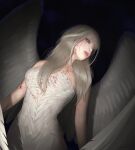  1girl absurdres angel angel_wings bare_arms blonde_hair blood blood_on_face character_request closed_mouth copyright_request dress feather_dress feathered_wings highres lips long_hair looking_to_the_side nose realistic solo strapless strapless_dress upper_body white_dress wind_fy wings 