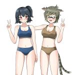  2girls :3 animal_ears black_hair blonde_hair blue_bra blue_shorts blue_sports_bra blush bra breasts brown_bra brown_shorts brown_sports_bra cat_ears cat_tail commentary english_commentary f-14_tomcat_(pandramodo) facial_mark green_eyes highres mecha_musume medium_breasts medium_hair multiple_girls nekomata notched_ear original pandramodo personification red_eyes redsky shorts simple_background sports_bra sportswear standing su-57_felon_(pandramodo) tail underwear underwear_only v whisker_markings white_background 