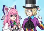  1boy 1girl aged_down ascot avery_(pokemon) black_ascot blonde_hair blue_eyes breasts close-up closed_mouth collared_shirt commentary_request drill_hair drill_sidelocks eyelashes glasses gloves hair_ornament hairband hand_up hands_up hat highres jacket klara_(pokemon) long_hair looking_at_viewer makeup medium_breasts medium_hair multicolored_skirt open_clothes open_jacket pink_hair pococh_oekaki pointing pointing_up poke_ball pokemon pokemon_sword_and_shield purple_eyes shirt sidelocks simple_background single_glove skirt top_hat upper_body white_gloves white_jacket 
