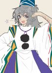  1girl arm_up blue_skirt brown_background bruise bruised_eye commentary_request cowboy_shot grey_hair hat highres injury japanese_clothes kariginu long_hair looking_at_viewer mononobe_no_futo moriya210 open_mouth purple_eyes robe scar self-harm_scar simple_background skirt smile solo tate_eboshi touhou white_robe wide_sleeves 