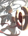  1girl closed_mouth earrings elf frieren grey_hair highres holding holding_staff jewelry kanopix long_hair mage_staff pointy_ears simple_background solo sousou_no_frieren staff teardrop_earrings twintails white_background white_hair 