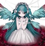  1girl 2000s_(style) absurdres ame_(meowmegu) blush commentary dress english_commentary frilled_dress frills hair_ribbon headdress highres lolita_fashion ocean original praying red_ocean ribbon saya_no_uta self-upload solo source_quote weird_route_(deltarune) white_dress 