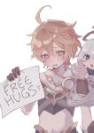  1boy 1girl @_@ absurdres aether_(genshin_impact) ahoge arm_guards artist_name black_pants black_scarf black_shirt blonde_hair blue_eyes blue_pupils blush blush_stickers braid brown_gloves commentary embarrassed english_commentary english_text eyelashes flying foaaaaaaau genshin_impact gloves gold_trim grey_hair hair_between_eyes halo hand_up highres holding holding_pencil holding_sign long_hair long_sleeves looking_at_viewer low-braided_long_hair low-tied_long_hair male_focus mechanical_halo midriff navel open_mouth paimon_(genshin_impact) pants pencil pink_halo puffy_long_sleeves puffy_sleeves romper scarf shirt short_hair short_sleeves sign simple_background single_braid smile solo_focus standing sweatdrop upper_body wavy_mouth white_background white_romper white_scarf yellow_eyes 