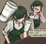 1girl apron chainsaw_man coffee coffee_cup collared_shirt cup disposable_cup eyepatch green_apron green_eyes green_hair highres himeno_(chainsaw_man) ligma_(meme) liowig looking_at_cup looking_at_viewer meme multiple_views open_mouth shirt short_hair shouting speech_bubble starbucks table white_shirt 