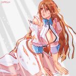  1girl artist_name bleach bleach:_sennen_kessen-hen blue_trim breasts brown_eyes brown_hair bruise bruise_on_face center_opening cleavage cropped_vest detached_sleeves dirty dirty_clothes feet_out_of_frame hair_between_eyes highres huge_breasts injury inoue_orihime kneeling komeko_(strikek-lvvjm27) long_hair long_skirt midriff parted_lips ribbed_vest skirt solo torn_clothes vest white_skirt white_vest 