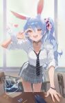  1girl :d animal_ears blue_hair classroom collared_shirt commentary_request earclip fluffy fur_wrist_cuffs hair_ornament hairband hairclip heart heart-shaped_pupils highres hololive leaning_forward multicolored_hair necktie official_alternate_costume omochiarts pendant_choker pleated_skirt rabbit-shaped_pupils rabbit_ears school_uniform scrunchie see-through_clothes shirt skirt smile symbol-shaped_pupils two-tone_hair usada_pekora usada_pekora_(12th_costume) v virtual_youtuber wrist_cuffs wristband 