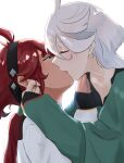  2girls asticassia_school_uniform black_hairband blue_eyes blush closed_eyes commentary_request french_kiss green_jacket grey_hair gundam gundam_suisei_no_majo hairband highres jacket kiss long_hair miorine_rembran multiple_girls ponytail red_hair school_uniform suletta_mercury sweat tchai_covsky tears tongue white_jacket yuri 