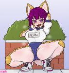  2022 animal_humanoid blush bodily_fluids camel_toe clothed clothing crouching female footwear hair humanoid open_mouth open_smile outside purple_eyes purple_hair ryev_alki shoes smile solo sweat tongue 