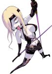  1girl arm_up belt belt_buckle blonde_hair boots breasts brown_boots brown_gloves brown_shorts buckle commentary_request dual_wielding eyepatch from_above full_body gloves hair_over_one_eye highres hoku holding holding_weapon large_breasts legs_apart navel night_seeker_(sekaiju) night_seeker_4_(sekaiju) one_eye_covered open_mouth pale_skin pink_eyes saliva sekaiju_no_meikyuu sekaiju_no_meikyuu_4 shorts solo teeth thigh_boots tongue tongue_out weapon 