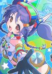  1girl bare_shoulders blue_background blue_gloves blush bracelet braid brown_eyes chobota colorful commentary_request controller crop_top dot_nose floating_hair from_side game_controller gloves goggles goggles_on_head hair_ornament hairclip headset highres horns idolmaster idolmaster_cinderella_girls jewelry long_hair looking_at_viewer mechanical_horns midriff miyoshi_sana multiple_bracelets navel open_hand open_mouth pixelated reaching reaching_towards_viewer smile solo star_(symbol) star_hair_ornament twin_braids twintails 