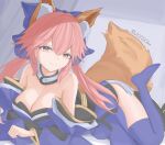  1girl absurdres animal_ear_fluff animal_ears bare_shoulders blue_bow blue_kimono blue_thighhighs blush bow breasts commentary detached_sleeves fate/grand_order fate_(series) fox_ears fox_girl fox_tail hair_between_eyes hair_bow happy_valentine highres japanese_clothes jo1220im kimono large_breasts long_hair long_sleeves looking_at_viewer lying nontraditional_miko on_stomach orange_eyes pelvic_curtain pink_hair smile solo tail tamamo_no_mae_(fate) thighhighs 