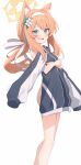  1girl absurdres animal_ear_fluff animal_ears black_jacket blue_archive blue_eyes blush commentary crossed_arms feet_out_of_frame flower fox_ears hair_flower hair_ornament hair_ribbon hairband halo highres holding holding_unworn_clothes holding_unworn_jacket hugging_clothes jacket long_hair looking_at_viewer mari_(blue_archive) mari_(track)_(blue_archive) nervous_sweating official_alternate_costume official_alternate_hairstyle open_mouth orange_hair panties raised_inner_eyebrows ribbon simple_background small_sweatdrop solo sonoji sweat track_jacket underwear underwear_only unworn_jacket white_background white_flower white_hairband white_panties white_ribbon yellow_halo 