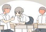  1girl 2boys :o black_pants black_skirt blush breasts cellphone chair cleavage collarbone collared_shirt commentary_request desk dress_shirt faceless faceless_male full-face_blush grey_background grey_hair holding holding_phone implied_pantyshot juukyuu medium_breasts multiple_boys on_chair one_side_up original pants parted_lips phone pleated_skirt school_chair school_desk school_uniform shirt short_sleeves sitting skirt small_sweatdrop solid_circle_eyes sweat two-tone_background white_background white_shirt 