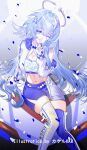  1girl asymmetrical_footwear blue_boots blue_skirt boots breasts chinese_commentary cleavage closed_mouth commentary_request facial_mark finger_to_mouth fingerless_gloves floating_hair gloves hair_ornament halo hand_up head_wings heart heart_facial_mark highres honkai:_star_rail honkai_(series) index_finger_raised jacket long_hair mark_under_eye mismatched_footwear navel official_alternate_costume one_eye_closed robin_(honkai:_star_rail) robin_(race)_(honkai:_star_rail) shushing single_bare_shoulder sitting skirt smile solo srpzk star_(symbol) star_facial_mark starfish_hair_ornament stomach thigh_boots two-tone_skirt very_long_hair white_boots white_gloves white_jacket white_skirt wings 