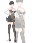  1girl absurdres ammunition_pouch belt black_bra black_gloves black_hair black_shoes black_skirt black_thighhighs bra breasts cleavage closed_mouth collarbone commission glock gloves gun hand_on_own_hip handgun high_heels highres holding holding_weapon iitkass large_breasts looking_at_viewer open_clothes open_shirt original pencil_skirt pouch red_eyes rifle shirt shoes short_hair simple_background skirt sniper_rifle solo sr-25 straight-on thighhighs underwear weapon white_background white_shirt wide_shot 