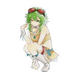  1girl bare_shoulders boots commentary crop_top garter_belt goggles goggles_on_head green_eyes green_hair gumi highres knee_boots kumoending looking_at_viewer miniskirt orange_skirt orange_tank_top short_hair_with_long_locks sidelocks simple_background skirt solo squatting tank_top untranslatable_commentary vocaloid white_background white_boots white_wrist_cuffs wrist_cuffs 